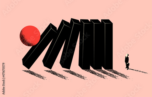 Conceptual business illustration of upcoming business problem metaphor with falling domino and businessman silhouette. Minimalistic vector illustration