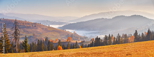 Obraz na płótnie Mountain morning autumn panorama. Colorful fall landscape, foggy sunrise in Carpathians. w salonie