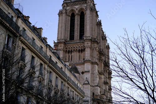 A view of a tower of Notre Dame from Arcole street. Paris, France, the 23rd 2021. photo