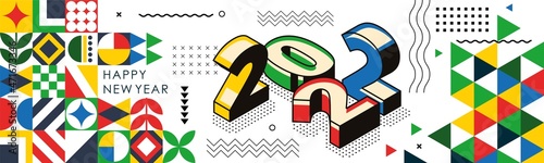 happy new year 2022 retro style cover with modern isometric text abstract background. happy new year greeting card banner design for 2022 calligraphy. Yellow green blue red Vector illustration	