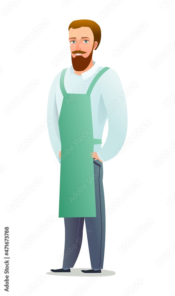 Man craftsman or artist. Guy in apron. Master in workwear. Cheerful person. Standing pose. Cartoon comic style flat design. Single character. Illustration isolated on white background. Vector
