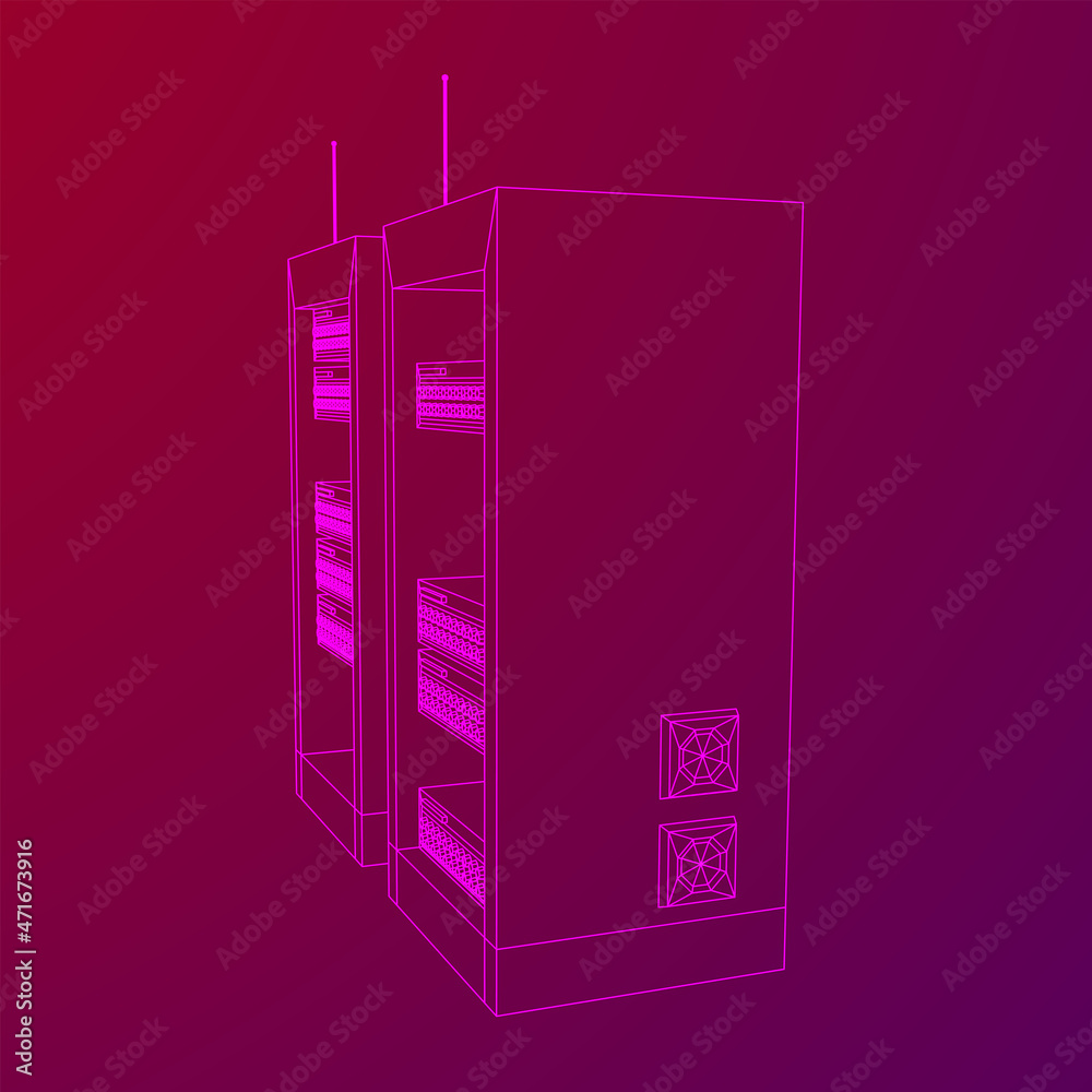 Data network server in cabinet. Diagnostic test in computer room technology communication computers and device concept. Wireframe low poly mesh vector illustration. Data network server in cabinet. Diagnostic test in computer room technology communication computers and device concept. Wireframe low poly mesh vector illustration.