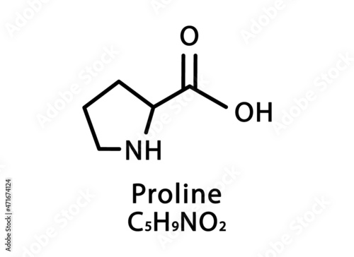 Proline molecular structure. Proline skeletal chemical formula. Chemical molecular formula vector illustration photo
