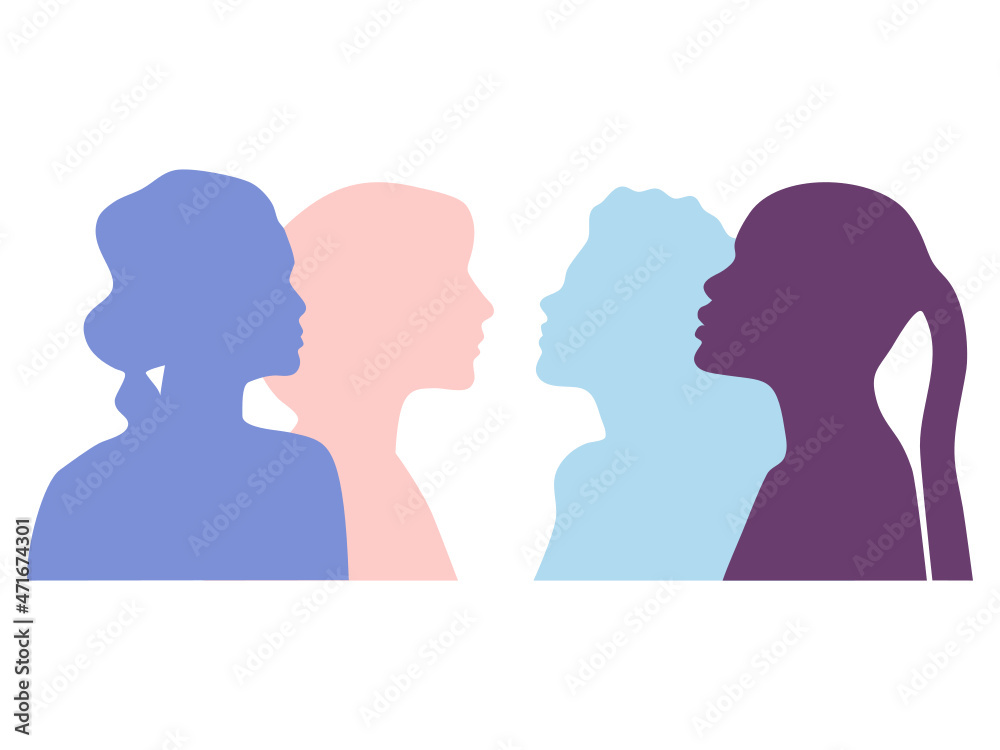  Variety of women likeness sillhouettes, group of women. teamwork meeting. Flat design color illustration. Vector.