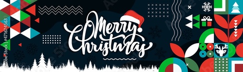 Merry Christmas web banner with abstract retro style modern winter snow design background. Christmas calligraphy with Santa hat and red green blue geometric shapes and icons. Snowflakes trees Vector