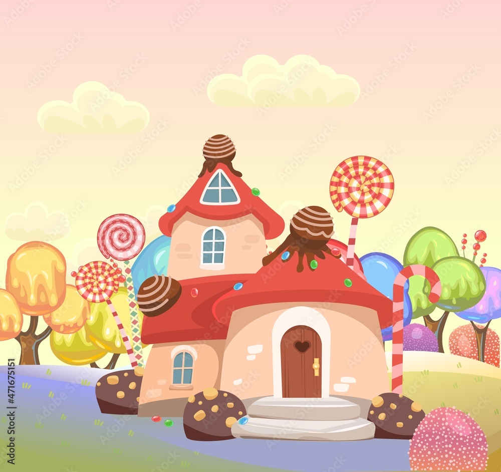 Candy hut with chocolate. Sweet caramel fairy house. Summer cute landscape. Illustration in cartoon style flat design. Picture for children. Vector