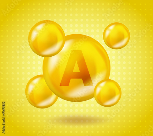Realistic Vitamin A Retinol design. Yellow nutrition illustration concept. 3D Vitamin complex A Retinol design. Drop pill capsule.