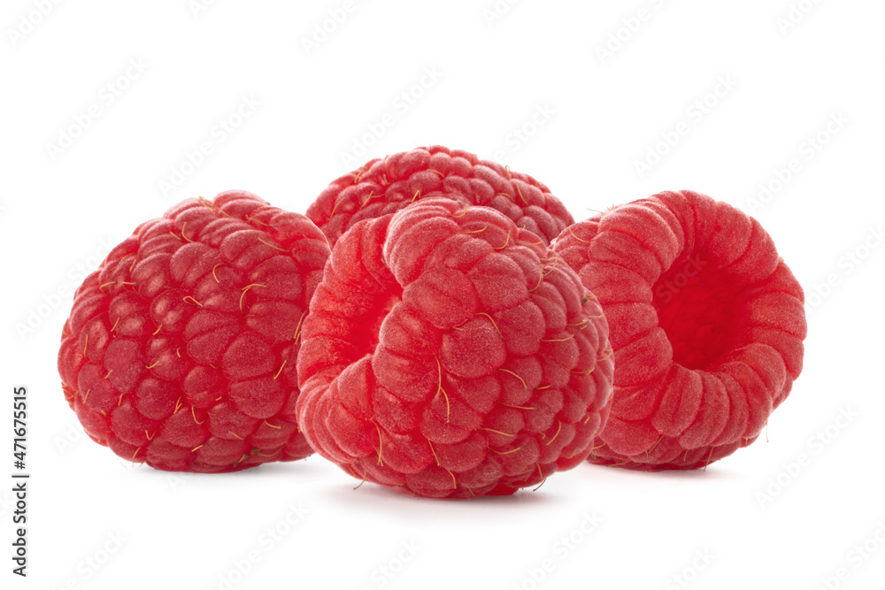 Red ripe raspberries isolated on white background