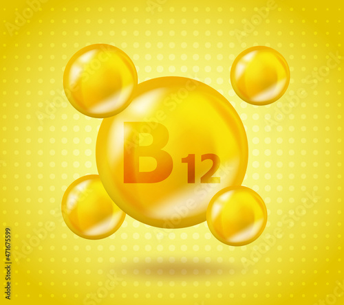 Realistic Vitamin B12 Cyanocobalamin design. Yellow nutrition illustration concept. 3D Vitamin complex B12 Cyanocobalamin design. Drop pill capsule.