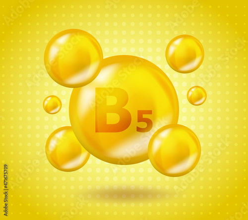 Realistic B5 Vitamin Pantothenic design. Yellow nutrition illustration concept. 3D Vitamin complex B5 Pantothenic design. Drop pill capsule.