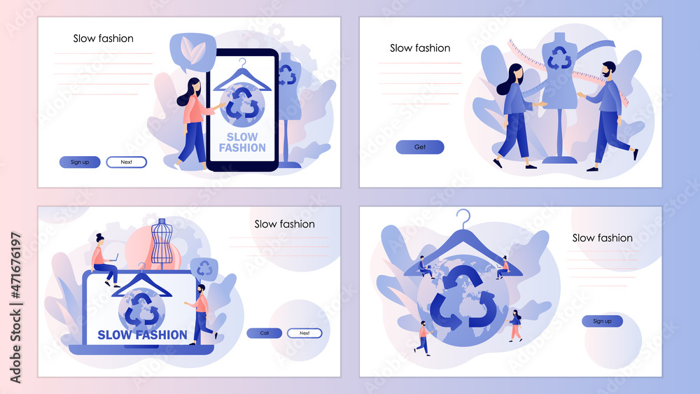 Fototapeta premium Slow fashion concept. Ethical fabric. Sustainable fashion. Eco-friendly manufacturing. Screen template for landing page, template, ui, web, mobile app, poster, banner, flyer. Vector illustration