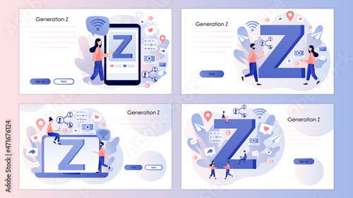 Generation Z. New and modern demography trend. Young teens using technology and gadget to communicate. Screen template for landing page, template, ui, web, mobile app, poster, banner, flyer. Vector 