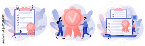 Quality guarantee. Quality check and control. Tiny people choice premium product. Evaluation, expertise and inspection for errors. Modern flat cartoon style. Vector illustration on white background