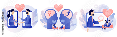 Family psychologist. Male and female psychology. Psychotherapy. Tiny couple decides mental problems on private counseling. Psychological help. Modern flat cartoon style. Vector illustration
