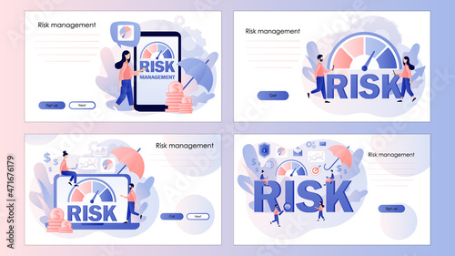 Risk management. Risk assessment. Risk levels knob. Business concept. Tiny people evaluate risk. Screen template for landing page, template, ui, web, mobile app, poster, banner, flyer. Vector 