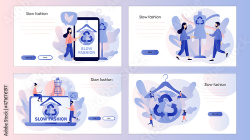 Slow fashion concept. Ethical fabric. Sustainable fashion. Eco-friendly manufacturing. Screen template for landing page, template, ui, web, mobile app, poster, banner, flyer. Vector illustration