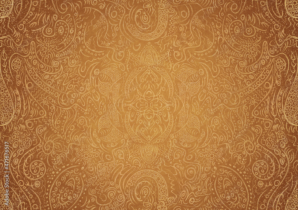 Hand-drawn unique abstract gold ornament on a yellow background, with vignette of darker backgound color and splatters of golden glitter. Paper texture. Digital artwork, A4. (pattern: p01a) Hand-drawn unique abstract gold ornament on a yellow background, with vignette of darker backgound color and splatters of golden glitter. Paper texture. Digital artwork, A4. (pattern: p01a)
