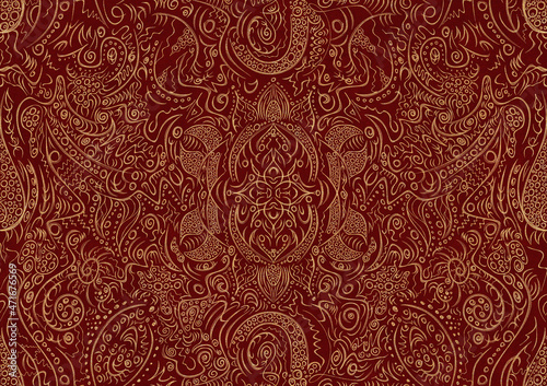 Hand-drawn unique abstract symmetrical seamless gold ornament on a deep red background. Paper texture. Digital artwork, A4. (pattern: p01a)