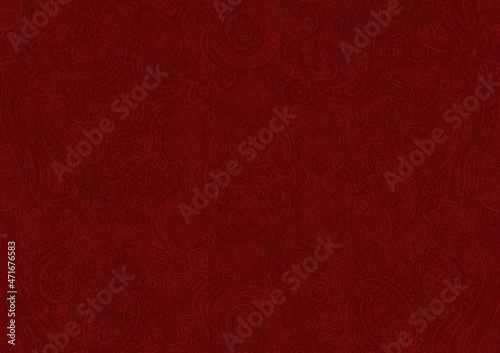 Hand-drawn unique abstract symmetrical seamless ornament. Light semi transparent red on a deep red background. Paper texture. Digital artwork, A4. (pattern: p01a)