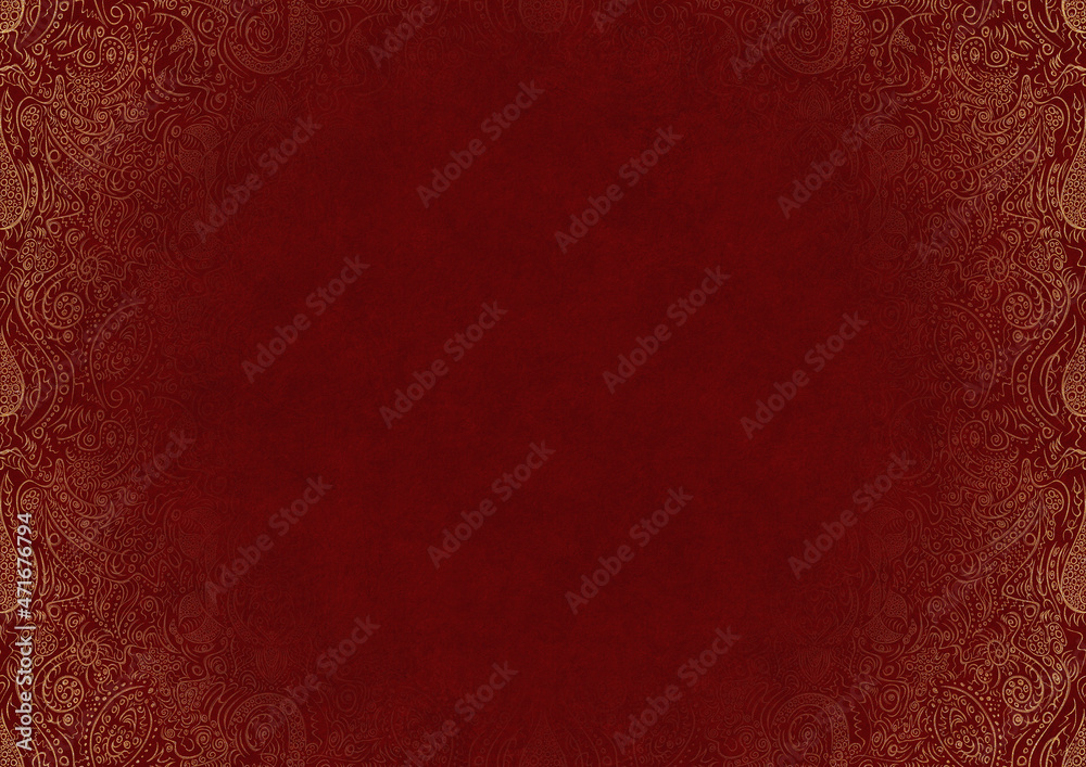 Deep red textured paper with vignette of golden hand-drawn pattern. Copy space. Digital artwork, A4. (pattern: p01b) Deep red textured paper with vignette of golden hand-drawn pattern. Copy space. Digital artwork, A4. (pattern: p01b)