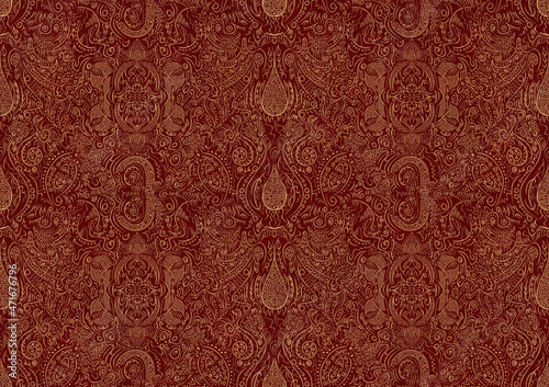 Hand-drawn unique abstract symmetrical seamless gold ornament on a deep red background. Paper texture. Digital artwork, A4. (pattern: p01b)