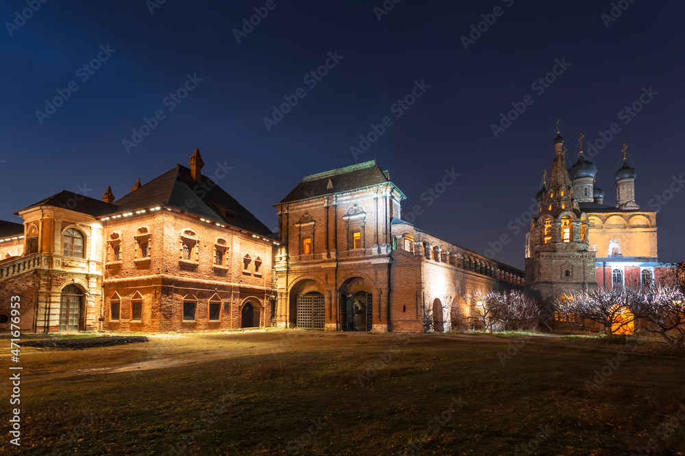 Night panorama of the architectural ensemble of Krutitsy Metochion of russian orthodox church, Moscow, Russia