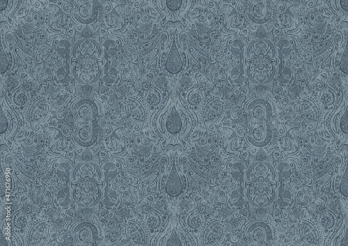 Hand-drawn unique abstract symmetrical seamless ornament. Dark blue on a light blue background. Paper texture. Digital artwork, A4. (pattern: p01b)