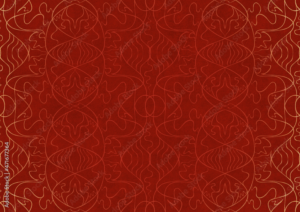 Hand-drawn unique abstract ornament. Light red on a bright red background, with vignette of same pattern in golden glitter. Paper texture. Digital artwork, A4. (pattern: p02-1b) Hand-drawn unique abstract ornament. Light red on a bright red background, with vignette of same pattern in golden glitter. Paper texture. Digital artwork, A4. (pattern: p02-1b)