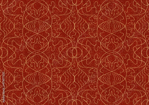 Hand-drawn unique abstract symmetrical seamless gold ornament with splatters of golden glitter on a bright red background. Paper texture. Digital artwork, A4. (pattern: p02-1b) © Maria