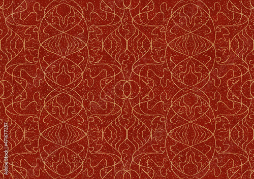 Hand-drawn unique abstract symmetrical seamless gold ornament with splatters of golden glitter on a bright red background. Paper texture. Digital artwork, A4. (pattern: p02-1b)