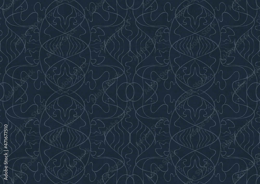 Hand-drawn unique abstract symmetrical seamless ornament. Light blue on a deep blue background. Paper texture. Digital artwork, A4. (pattern: p02-1b) Hand-drawn unique abstract symmetrical seamless ornament. Light blue on a deep blue background. Paper texture. Digital artwork, A4. (pattern: p02-1b)