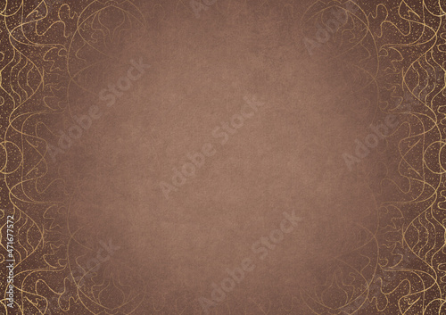 Light brown textured paper with vignette of darker color and golden hand-drawn pattern with splatters of golden glitter. Copy space. Digital artwork, A4. (pattern: p02-1b)