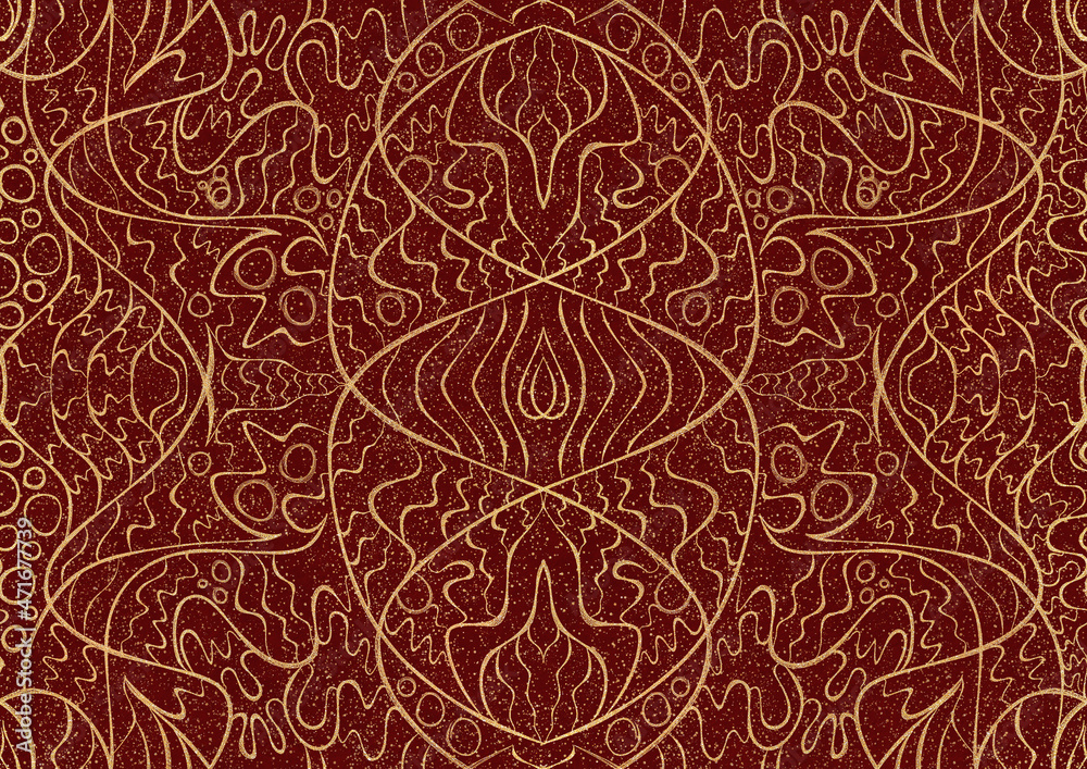 Hand-drawn unique abstract symmetrical seamless gold ornament with splatters of golden glitter on a deep red background. Paper texture. Digital artwork, A4. (pattern: p02-2a) Hand-drawn unique abstract symmetrical seamless gold ornament with splatters of golden glitter on a deep red background. Paper texture. Digital artwork, A4. (pattern: p02-2a)