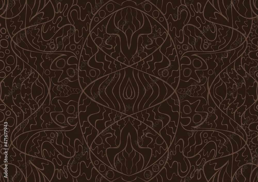 Hand-drawn unique abstract symmetrical seamless ornament. Light semi transparent brown on a dark brown background. Paper texture. Digital artwork, A4. (pattern: p02-2a)