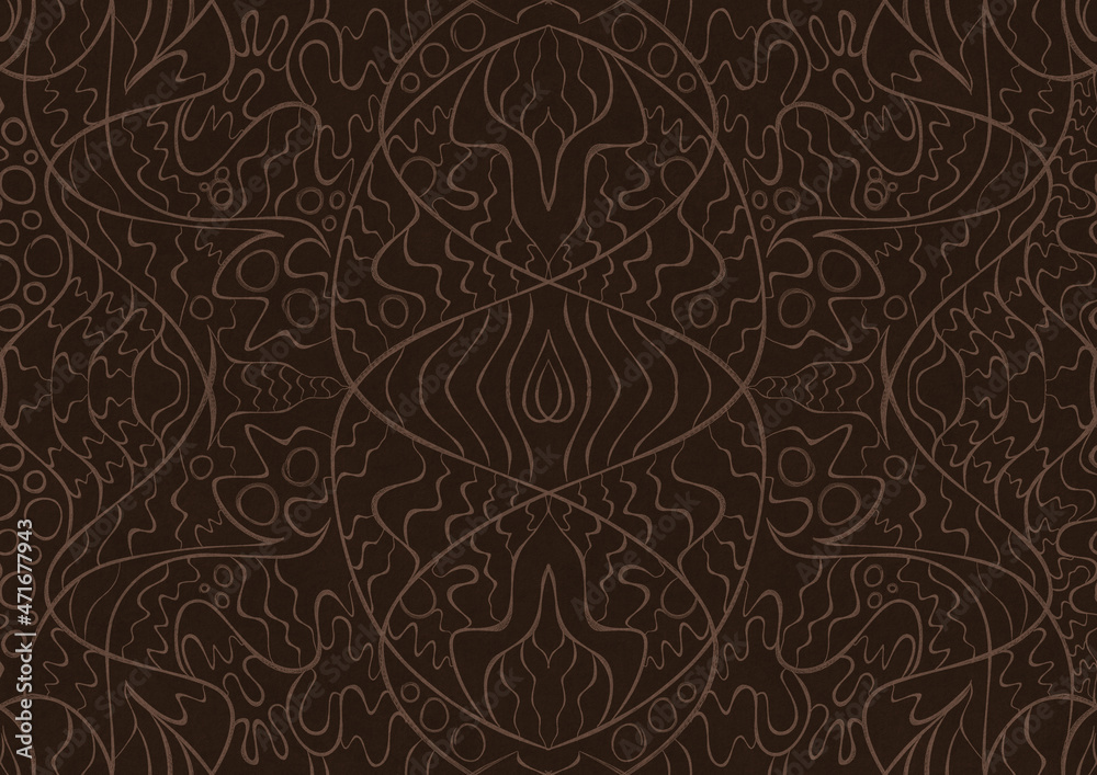 Hand-drawn unique abstract symmetrical seamless ornament. Light semi transparent brown on a dark brown background. Paper texture. Digital artwork, A4. (pattern: p02-2a) Hand-drawn unique abstract symmetrical seamless ornament. Light semi transparent brown on a dark brown background. Paper texture. Digital artwork, A4. (pattern: p02-2a)