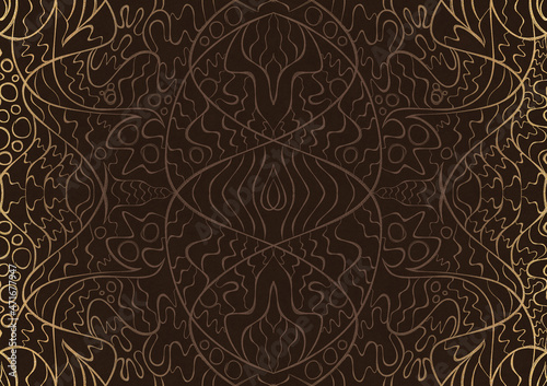 Hand-drawn unique abstract ornament. Light semi transparent brown on a dark brown background, with vignette of same pattern in golden glitter. Paper texture. Digital artwork, A4. (pattern: p02-2a)