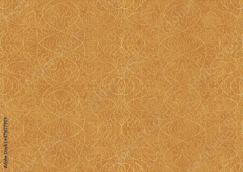 Hand-drawn unique abstract symmetrical seamless gold ornament on a yellow background. Paper texture. Digital artwork, A4. (pattern: p02-2b)