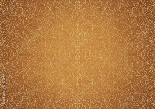 Hand-drawn unique abstract gold ornament on a yellow background, with vignette of darker backgound color and splatters of golden glitter. Paper texture. Digital artwork, A4. (pattern: p02-2b)