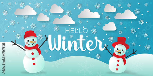 Illustration vector graphic of Snowmans Hello winter banner template.