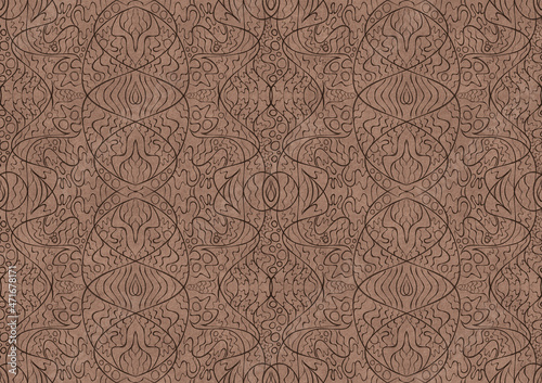 Hand-drawn unique abstract symmetrical seamless ornament. Brown on a light brown background. Paper texture. Digital artwork, A4. (pattern: p02-2b)