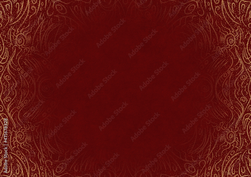 Deep red textured paper with vignette of golden hand-drawn pattern with splatters of golden glitter. Copy space. Digital artwork, A4. (pattern: p03a) Deep red textured paper with vignette of golden hand-drawn pattern with splatters of golden glitter. Copy space. Digital artwork, A4. (pattern: p03a)