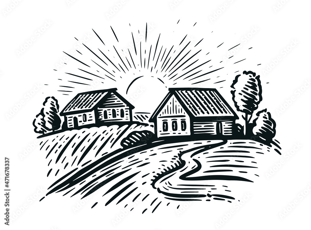 Fototapeta premium Rural nature landscape in sketch style. Village with trees and fields