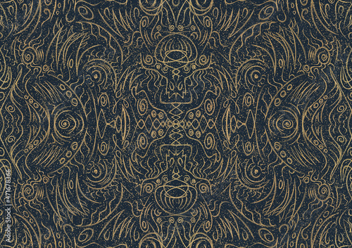 Hand-drawn unique abstract symmetrical seamless gold ornament with splatters of golden glitter on a deep blue background. Paper texture. Digital artwork, A4. (pattern: p03a)