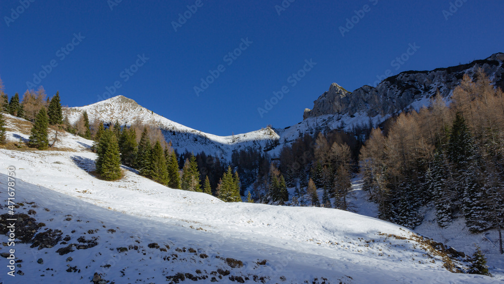 First snow fallen on the Dolomites. Mountain winter landscape. Rocks and trees sprinkled with snow against the deep blue sky. Walk on the Passo Staulanza, Italy. First snow fallen on the Dolomites. Mountain winter landscape. Rocks and trees sprinkled with snow against the deep blue sky. Walk on the Passo Staulanza, Italy.