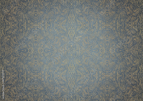 Hand-drawn unique abstract gold ornament on a light blue background, with vignette of darker backgound color and golden glittery sparks. Paper texture. Digital artwork, A4. (pattern: p03b)