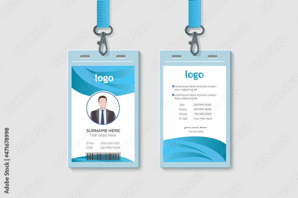 Modern Clean Vertical Double-sided Waves Style Blue Color ID Cards For Company Stuff. Flat Design Vector Illustration Modern Clean Vertical Double-sided Waves Style Blue Color ID Cards For Company Stuff. Flat Design Vector Illustration