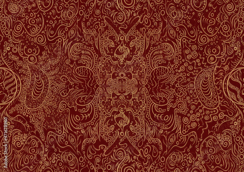 Hand-drawn unique abstract symmetrical seamless gold ornament on a deep red background. Paper texture. Digital artwork, A4. (pattern: p04a)