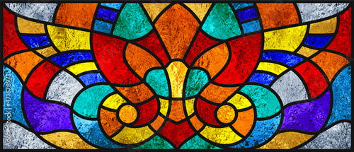Colorful stained glass window. Abstract stained-glass background. Art Nouveau decor for interior. Vintage pattern. Luxury modern interior. Transparency. Color light. Multicolor template.