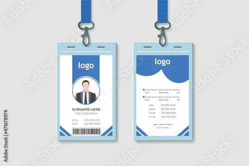 Modern Clean Vertical Double-sided Waves Style Blue Color ID Cards For Company Stuff. Flat Design Vector Illustration