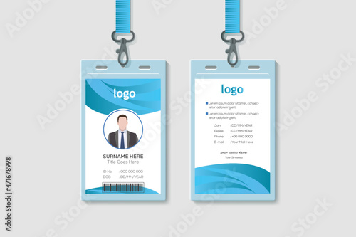 Modern Clean Vertical Double-sided Waves Style Blue Color ID Cards For Company Stuff. Flat Design Vector Illustration